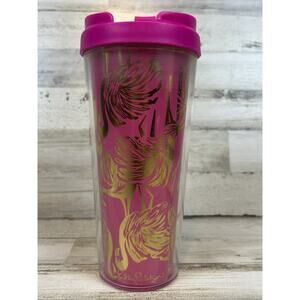 Lilly Pulitzer Pink Gold Flamingo Tumbler Travel Coffee Cup 16 oz Plastic Preppy
